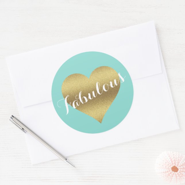 Bride & Co Gold Heart Teal Blue Shower Party Classic Round Sticker (Envelope)