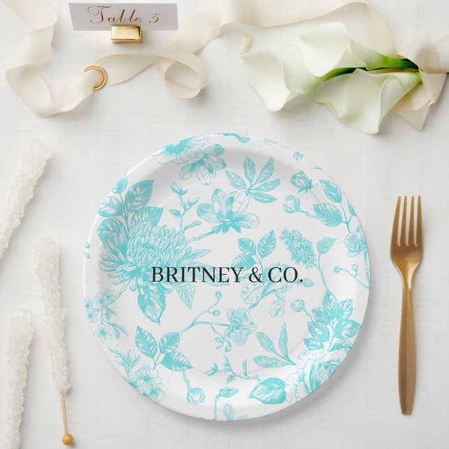Bride & Co. Teal Floral Toile Personalised Paper Plate (Wedding)