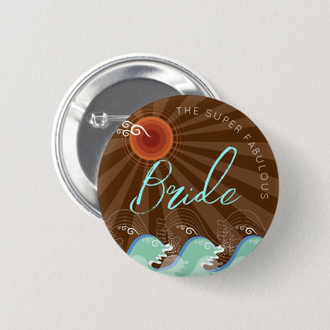 BRIDE Cool Waves & Brown Sun Chic Beach Wedding 6 Cm Round Badge (Front & Back)