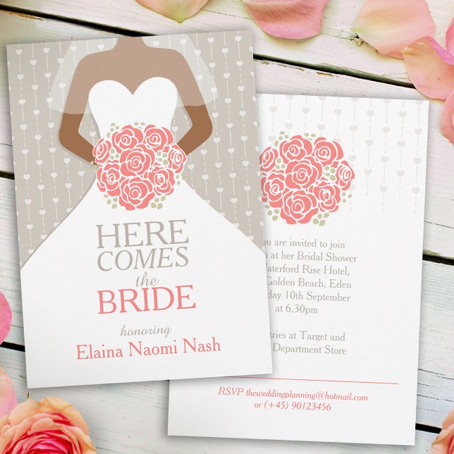 Bride coral rose bouquet graphic bridal shower invitation (Creator Uploaded)