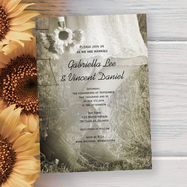 Bride, Cowboy Boots and Sunflowers Country Wedding Invitation (Creator Uploaded)