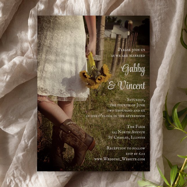 Bride, Cowboy Boots and Sunflowers Ranch Wedding Invitation (Creator Uploaded)