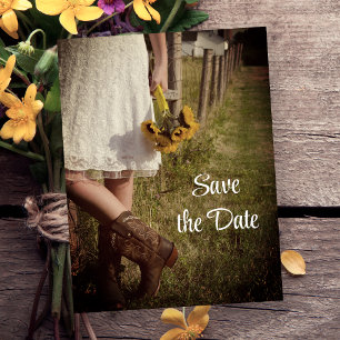 Bride Cowboy Boots Sunflower Wedding Save the Date Announcement Postcard