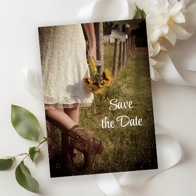Bride, Cowboy Boots, Sunflowers Farm Save the Date Invitation (Creator Uploaded)