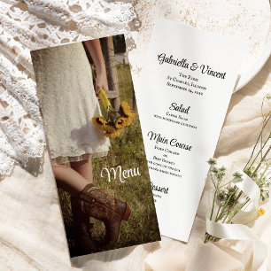 Bride, Cowboy Boots, Sunflowers Ranch Wedding Menu