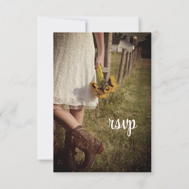Bride, Cowboy Boots, Sunflowers Ranch Wedding RSVP Card (Front)