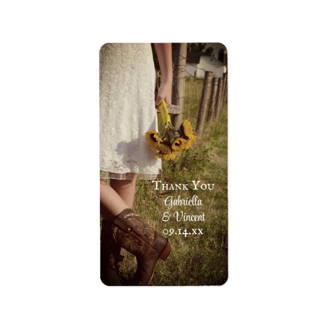 Bride, Cowboy Boots, Sunflowers Wedding Thank You Label (Front)