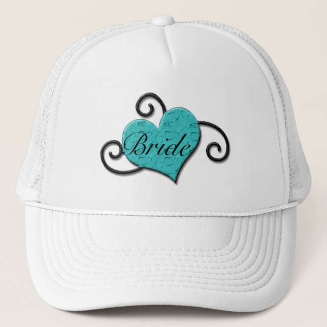 "Bride" - Crackled Turquoise/Aqua Heart Trucker Hat (Front)