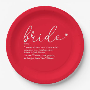 Bride Definition Bridal Shower Chic Script Red Paper Plate