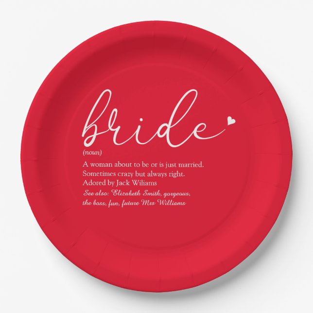Bride Definition Bridal Shower Chic Script Red Paper Plate (Front)