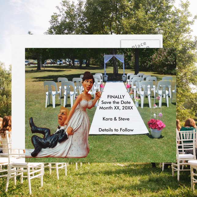 Bride Dragging Groom Figurines Brown & Blonde Announcement Postcard (Finally Save the Date Funny Couple Brown & Blond Announcement Postcard)