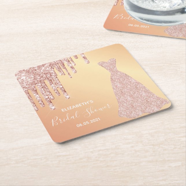 Bride dress Bridal Shower rose gold glitter drips Square Paper Coaster (Angled)