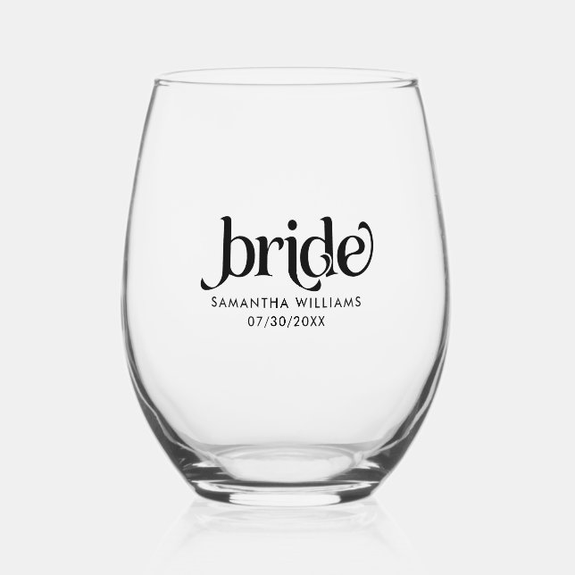 Bride Elegant Black Retro Typography Stemless Wine Glass (Front)