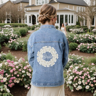 Bride Elegant White Floral Wedding Script Denim Jacket