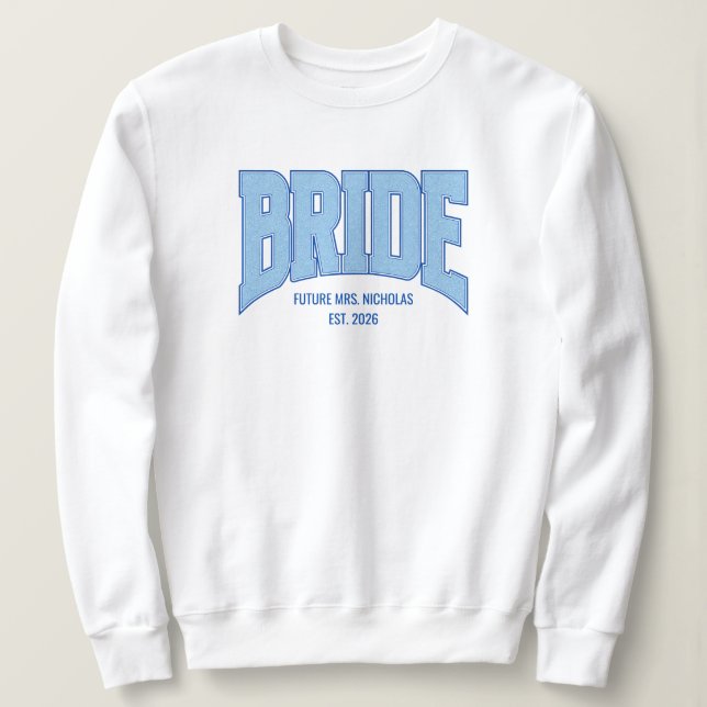BRIDE Faux Glitter Varsity Engagement Bridal Sweatshirt (Design Front)