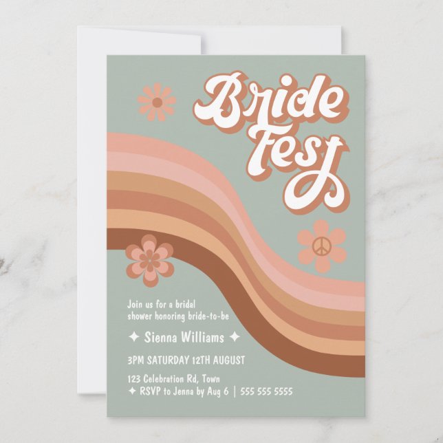 Bride Fest Groovy Retro Daisy Bridal Shower Sage  Invitation (Front)