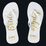 Bride Flip Flops for Wedding, Bachelorette | Gold<br><div class="desc">Flip flops for the bride in white and gold.  You may customise for your entire wedding party and guests for your wedding,  shower or bachelorette weekend.</div>