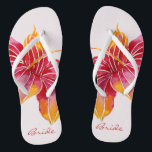 Bride Floral Hawaiian Flip Flops<br><div class="desc">NewparkLane - Get ready for summer with these elegant colourful flip flops, with an exotic Hawaiian Hibiscus flower in red, pink and orange, with 'Bride' on elegnat script typography. A fun and colourful bohemian theme for a destination wedding. Easy to customise in Zazzle with your own text for a personalised...</div>