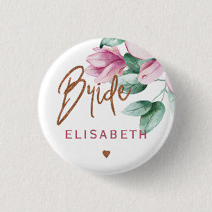 Bride floral pink copper typography bridal shower 3 cm round badge