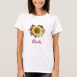 Bride Floral Sunflower Burgundy Rose Wedding T-Shirt<br><div class="desc">This bride t-shirt features  a watercolor floral design with a sunflower and burgundy roses. Personalise it with your own text. Matching products are available. Please visit our store or view our collection pages to see the full range.</div>