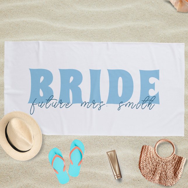 Bride Future Mrs. Custom Name White and Blue Beach Towel (Creator Uploaded)
