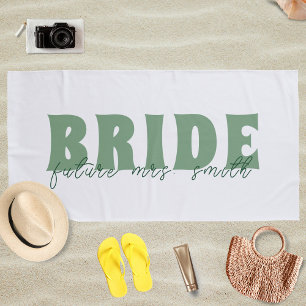 Bride Future Mrs. Custom Name White and Green Beach Towel