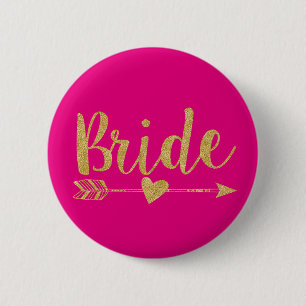 Bride Glitter-Print Golden&Hot Pink 6 Cm Round Badge