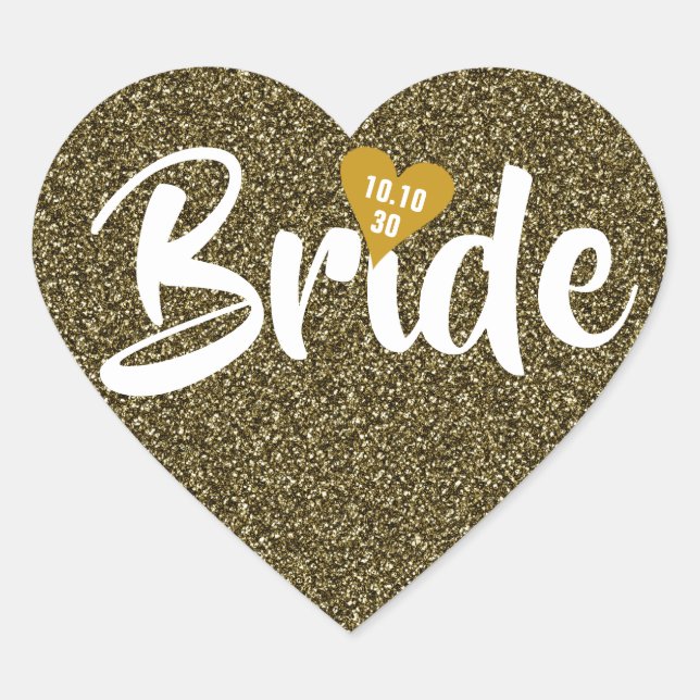 Bride Gold Date Heart Glitter Personalised Sticker (Front)