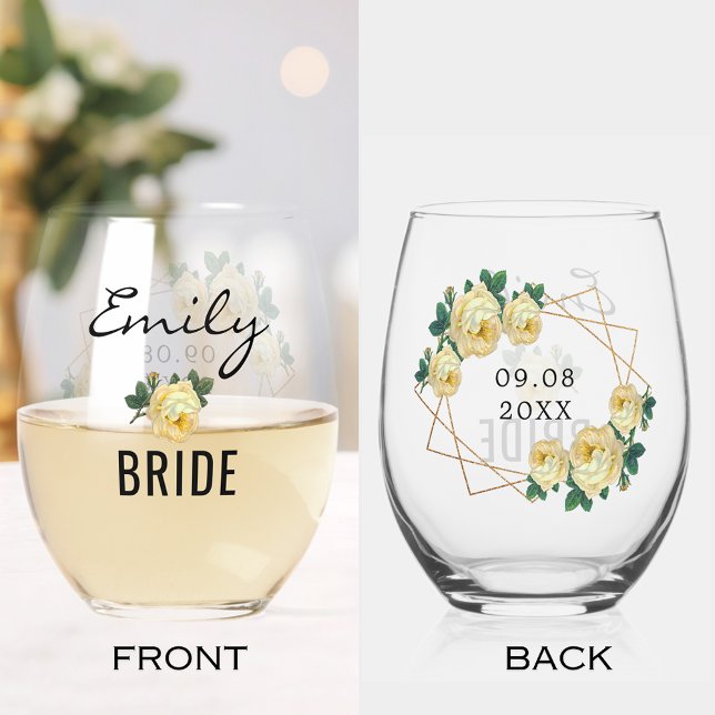 Bride Gold Glitter Geometric Yellow Floral Wedding Stemless Wine Glass (Bride Gold Glitter Geometric Yellow Floral Wedding Stemless Wine Glass)