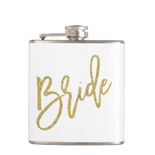 Bride Gold Glitter Script Hip Flask