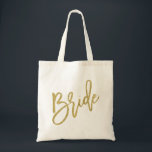 Bride Gold Glitter Script Tote Bag<br><div class="desc">Cute and stylish "Bride" bag featuring a beautiful brush script font and a faux gold glitter. *Please note that this is not real glitter.</div>