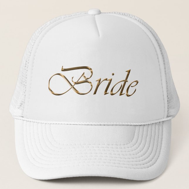 Bride, gold script Bachelorette Party Trucker Hat (Front)