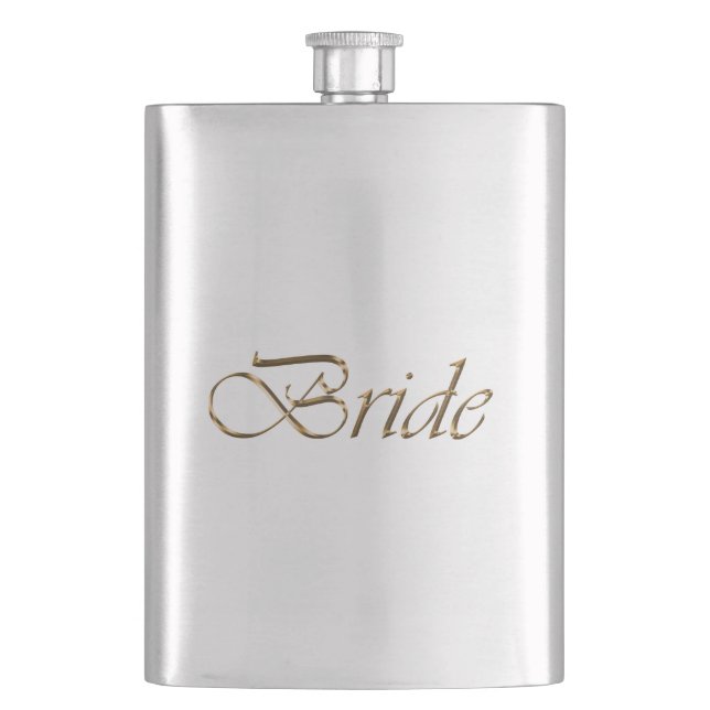 Bride, gold script elegant chic Bachelorette Party Hip Flask (Front)
