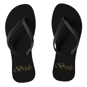 Bride, gold script elegant chic black wedding jandals