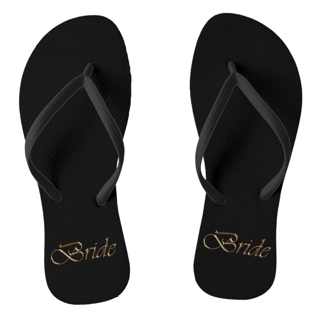 Bride, gold script elegant chic black wedding jandals (Footbed)