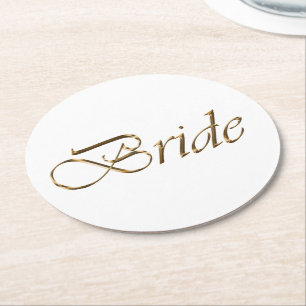 Bride, gold script elegant chic bridal shower round paper coaster