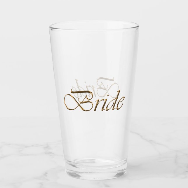 Bride, gold script elegant chic clear drinking glass (Front)