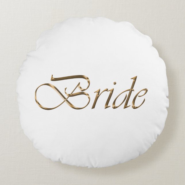 Bride, gold script elegant chic white round cushion (Front)