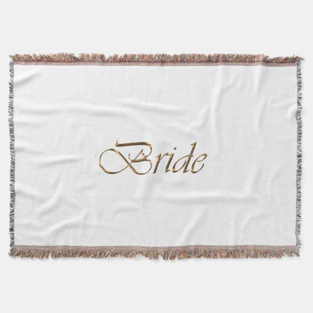 Bride, gold script elegant chic white throw blanket (Front)