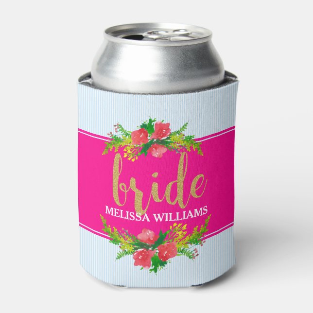 Bride-Gold Text, Floral Bouquet On Hot Pink & Blue Can Cooler (Can Front)