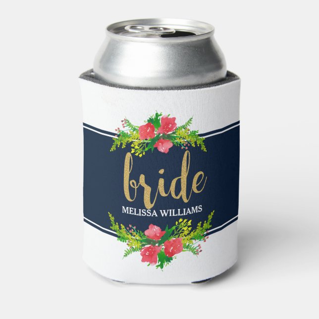 Bride-Gold Text, Floral Bouquet On White & Blue Can Cooler (Can Back)