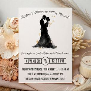 Bride & Goom Silhouette, Monochrome Bridal Shower Invitation