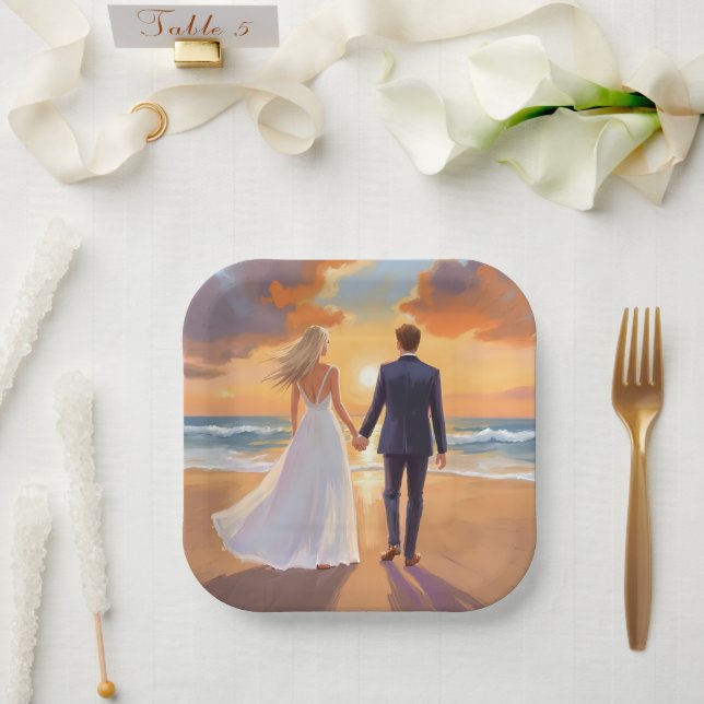 Bride & Groom Beach Wedding Watercolor Paper Plate (Wedding)