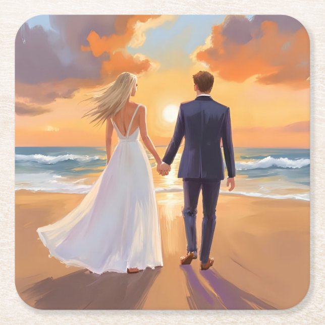 Bride & Groom Beach Wedding Watercolor Square Paper Coaster (Front)