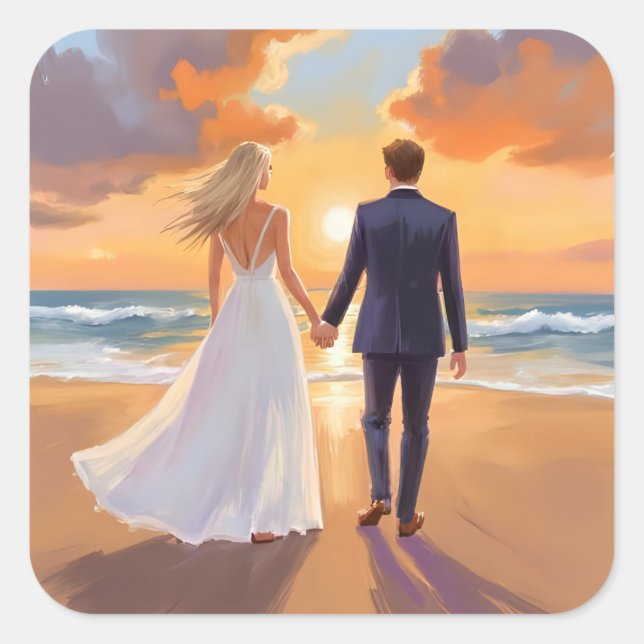 Bride & Groom Beach Wedding Watercolor Square Sticker (Front)