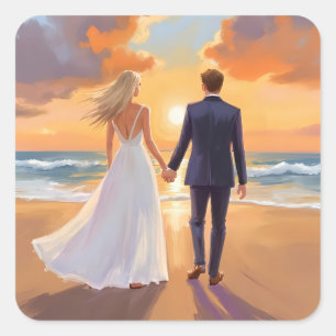 Bride & Groom Beach Wedding Watercolor Square Sticker