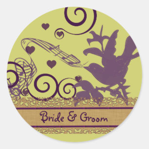 Bride & Groom Bird Swirl Purple & Green Wedding  Classic Round Sticker