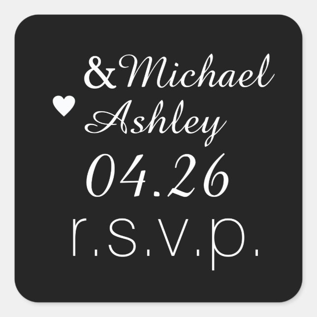 bride & groom black/white wedding rsvp  square sticker (Front)