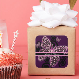 Bride Groom Butterflies Swirl Purple Black White Square Sticker
