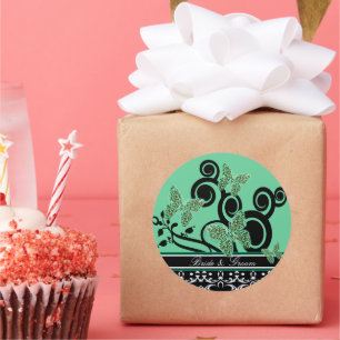 Bride & Groom Butterflies Swirls Green Black White Classic Round Sticker
